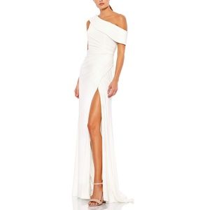 NEW Mac Duggal FoldOver Ruched One Shoulder Jersey Dress, White, size 12